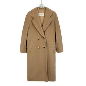 Max Mara Womens Camel Double-Breasted Wool Coat With Pockets & Back Belt Detail